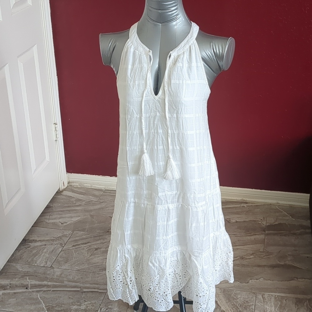 CABANA LIFE Essentials-White Sleeveless Halter-Tassels Eyelet Mini Dress SPF 50+ - Picture 5 of 14